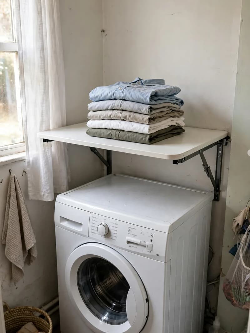 A white fold-down wall-mounted table above a front-load washing machine with a neat stack of folded shirts on it