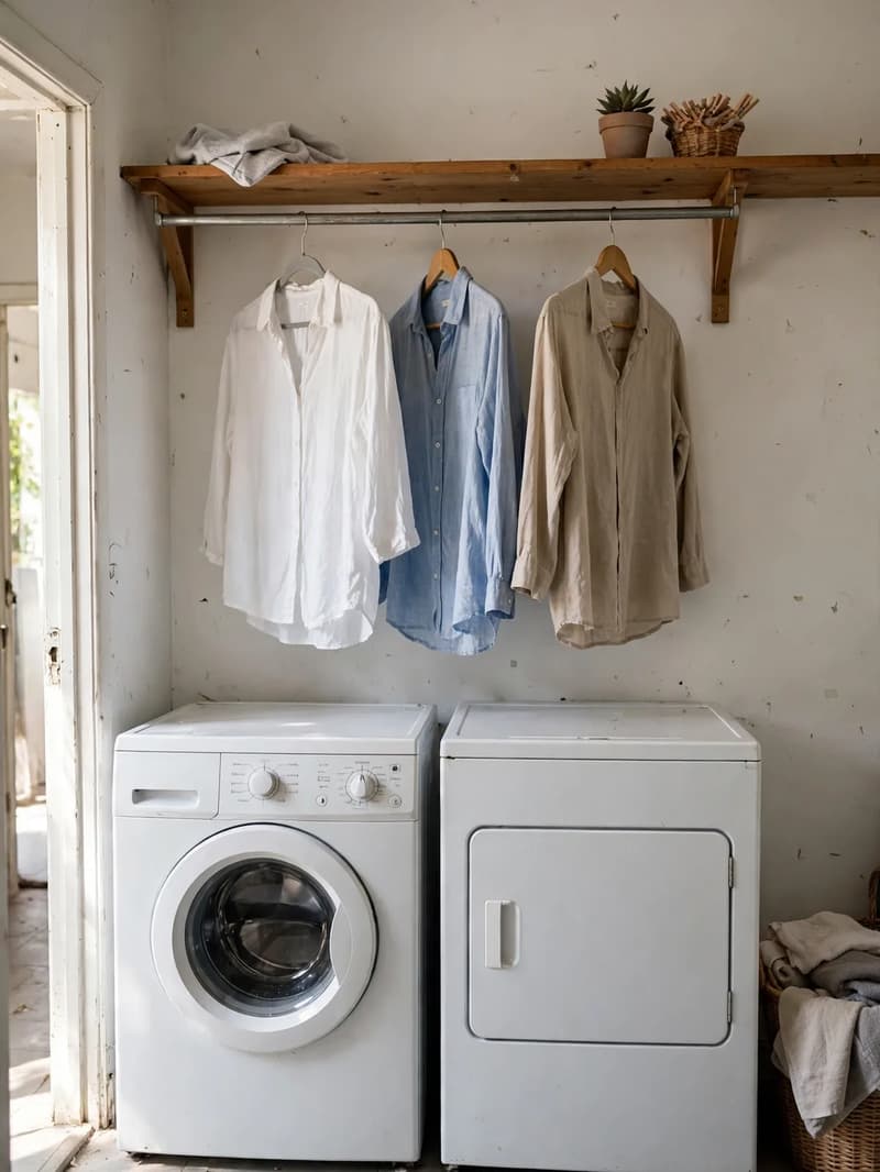 A metal hanging rod under a wooden shelf above a washer and dryer, with three freshly washed shirts on hangers air-drying