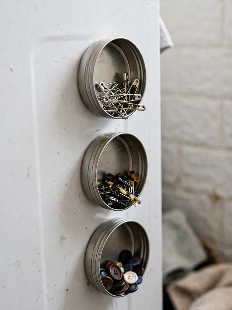 Three round magnetic tins stuck to the side of a white washing machine, holding safety pins, hair clips and loose buttons
