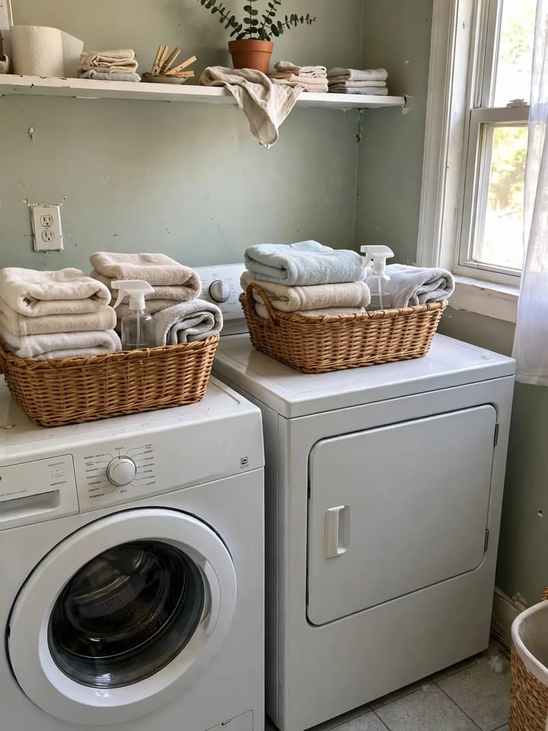 Two low woven baskets on top of a washer and dryer holding folded towels and a spray bottle, under a shelf in a bright laundry room