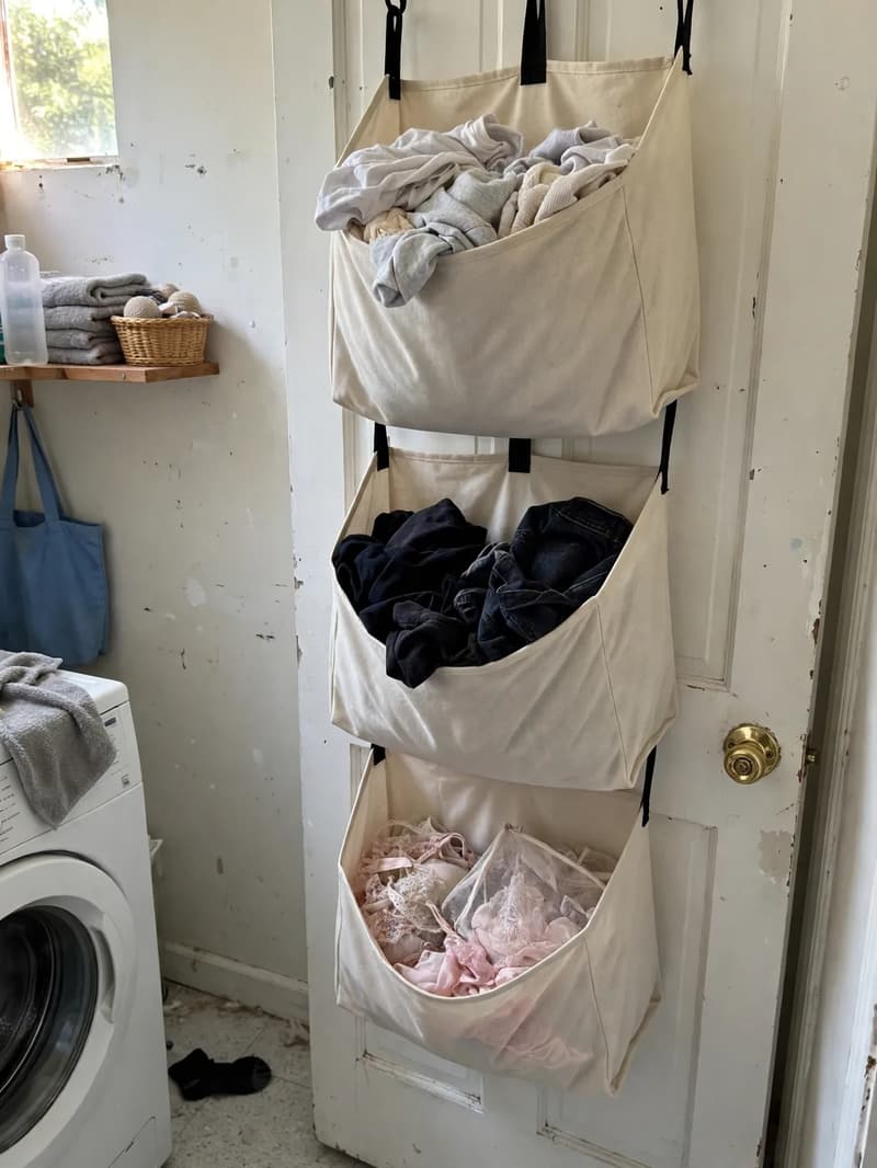 A three-bag canvas hanging laundry sorter on the back of a laundry room door, filled with light, dark and delicate clothes