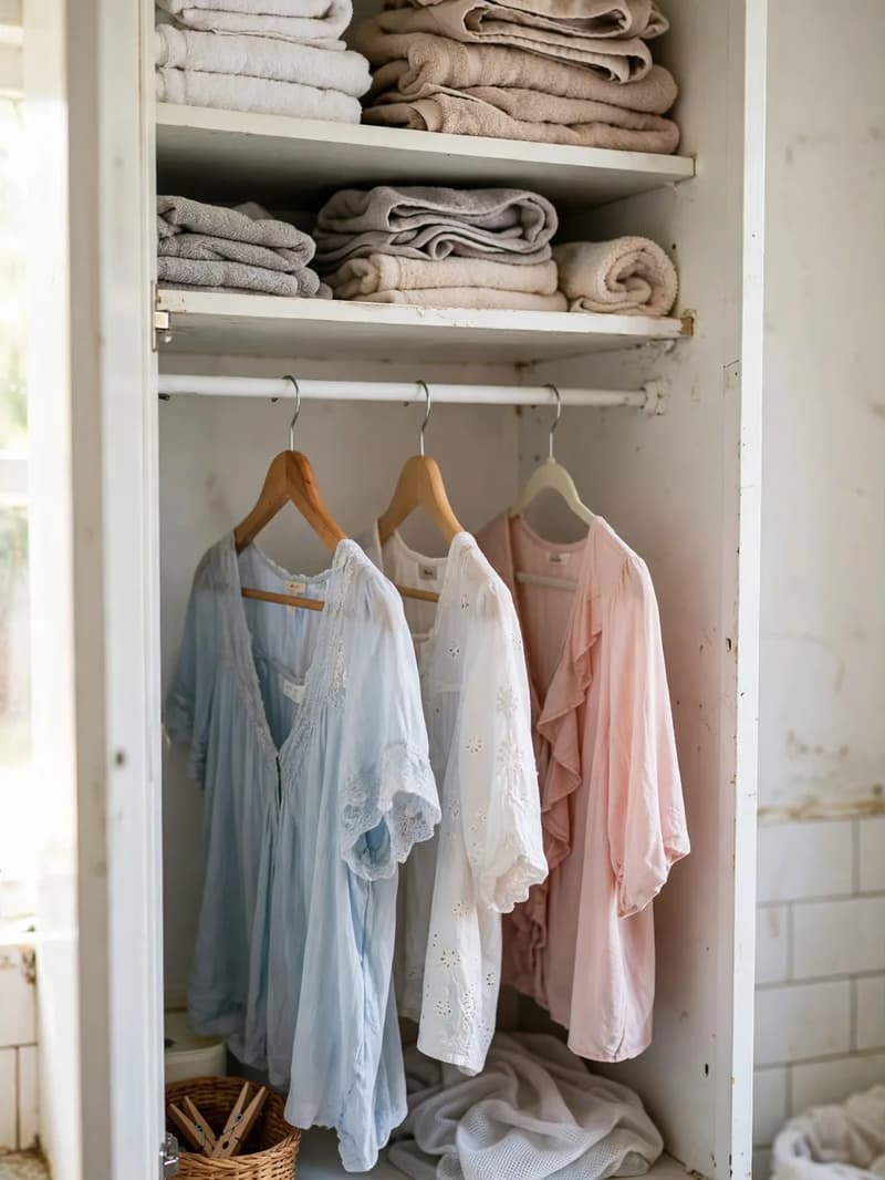 An open laundry cabinet with folded towels on shelves above and a white tension rod holding three blouses on wooden hangers