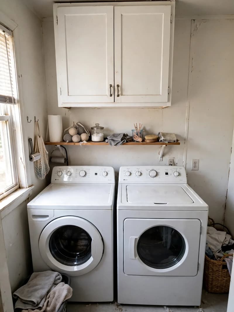 A closed white two-door wall cabinet mounted high above a washer and dryer, with a narrow shelf of everyday supplies below it