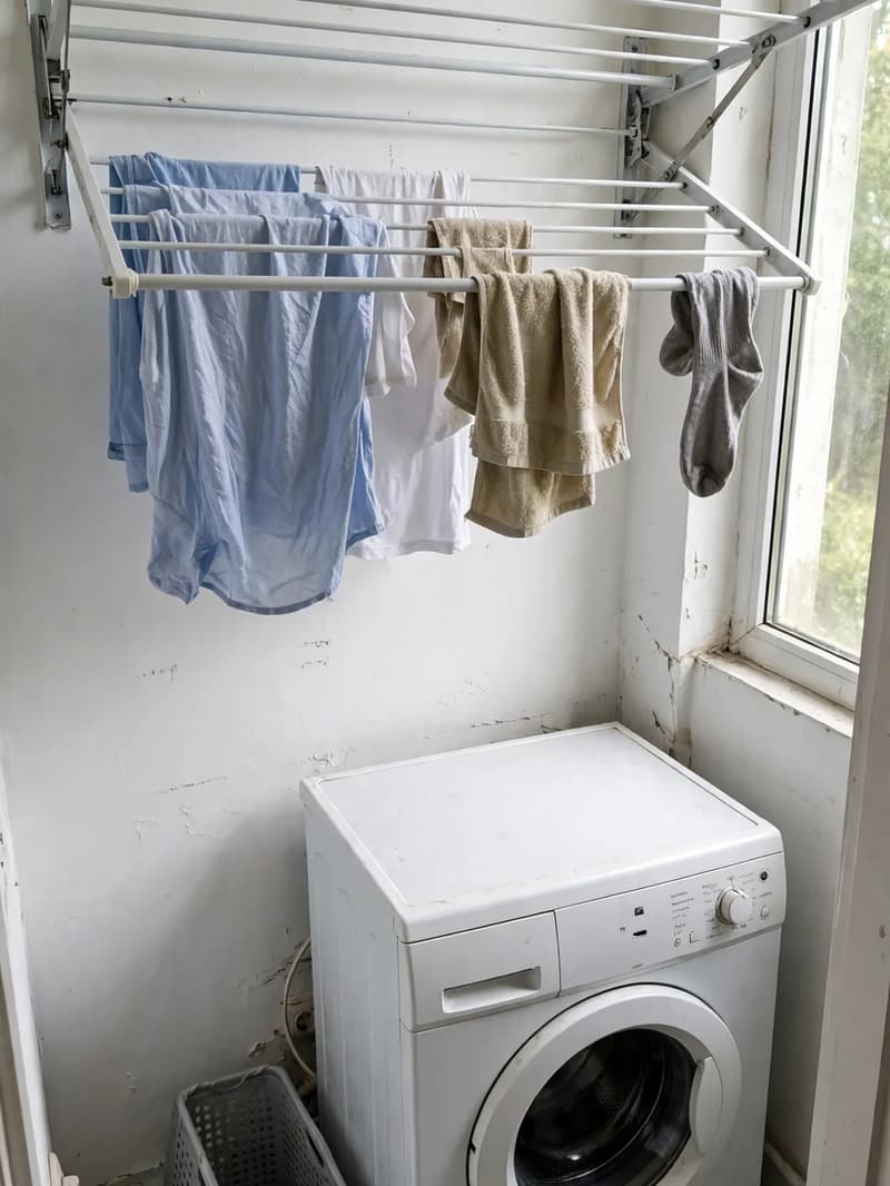 A white wall-mounted folding drying rack pulled down above a washing machine, with shirts, a towel and socks draped over its rails drying
