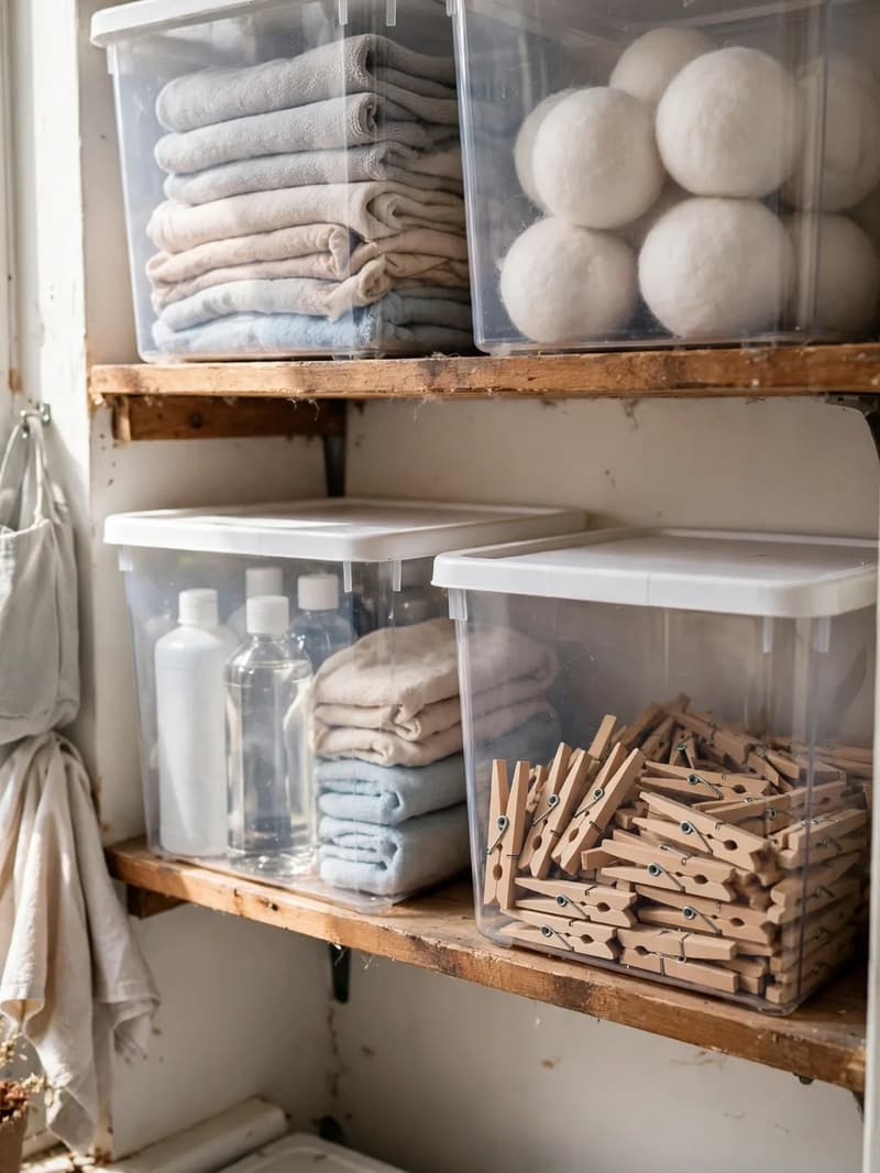 Four clear plastic bins with white lids stacked on wooden laundry shelves, holding folded cloths, wool dryer balls, plain bottles and clothespins
