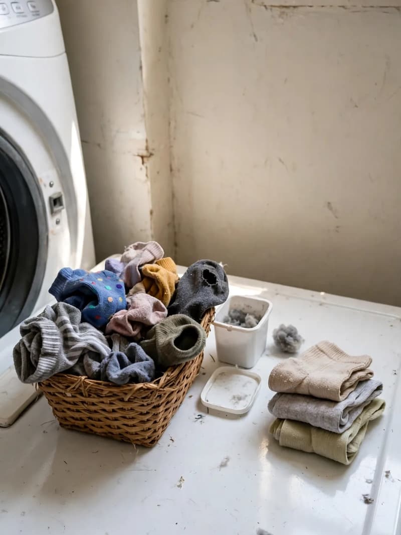 A small woven basket of odd single socks next to a tiny white lint bin and a neat stack of folded socks on top of a dryer