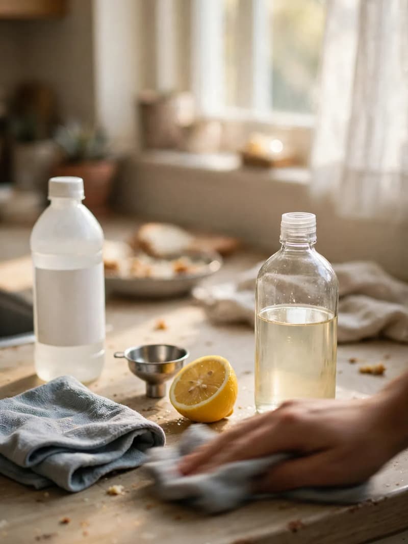 A kitchen counter with a plain spray bottle, a bottle of white vinegar, half a lemon and a cloth, a hand wiping the surface in bright daylight