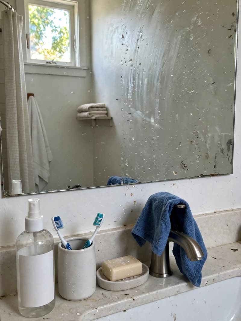 A bathroom mirror half wiped clean beside a plain spray bottle, toothbrush holder and soap dish on the sink in daylight