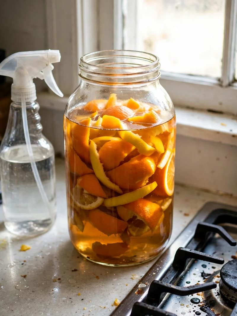 A glass jar full of orange and lemon peels steeping in vinegar beside a spray bottle and a stovetop in a bright kitchen
