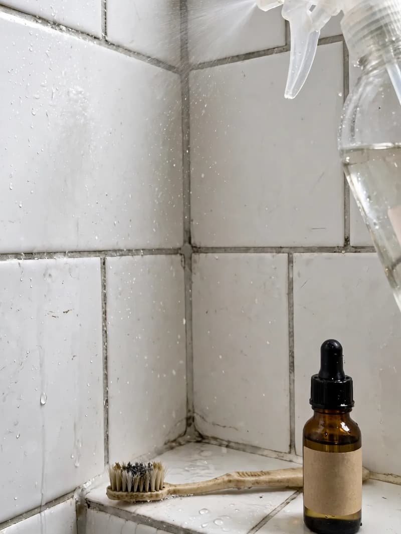 A spray bottle misting white bathroom tiles and grout in a shower corner, with a scrub brush and a small amber bottle on the ledge