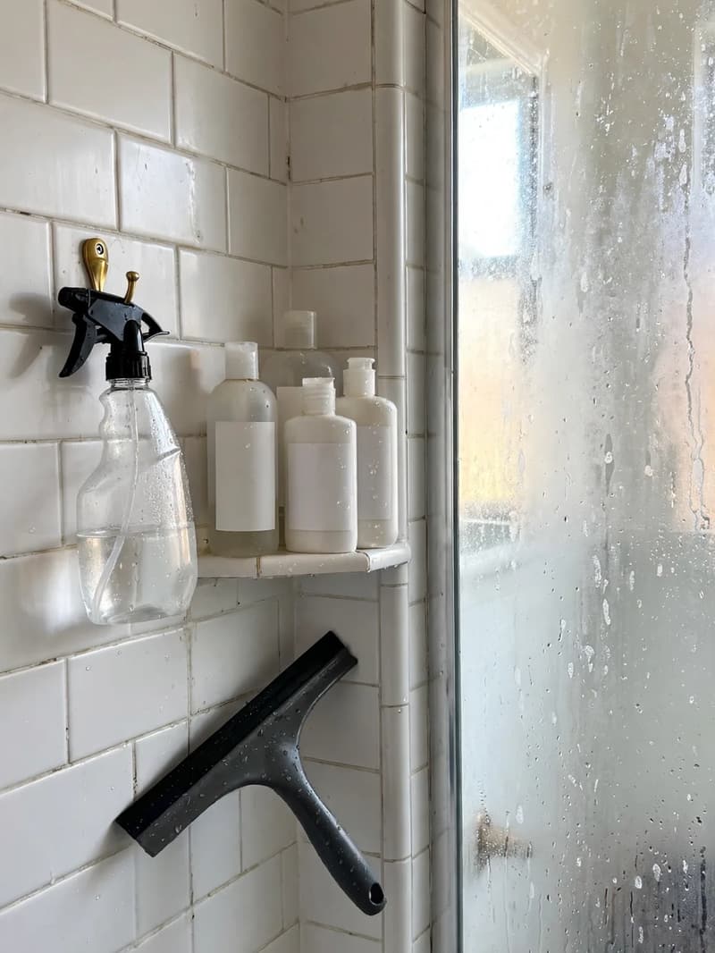 A shower corner with a spray bottle hanging by the tiles, a squeegee, and water drops on the glass door in morning light