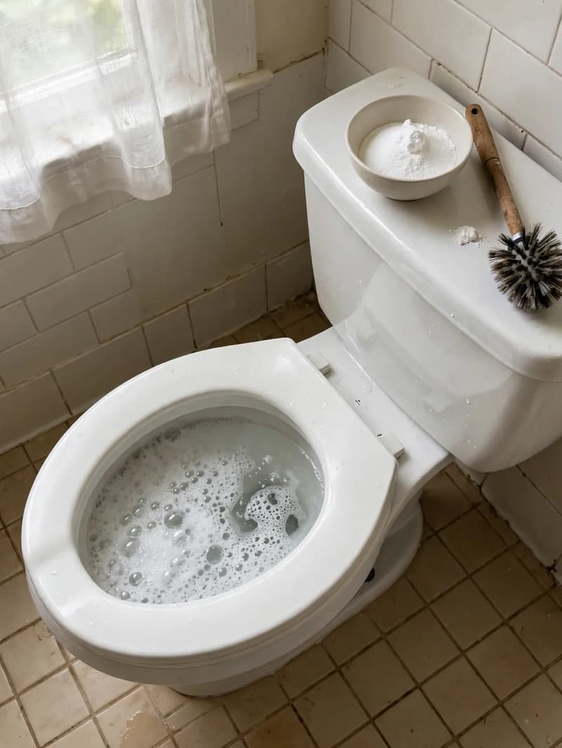 A single toilet bowl fizzing with bubbles, with a bowl of baking soda and a wooden toilet brush on the tank lid in a tiled bathroom