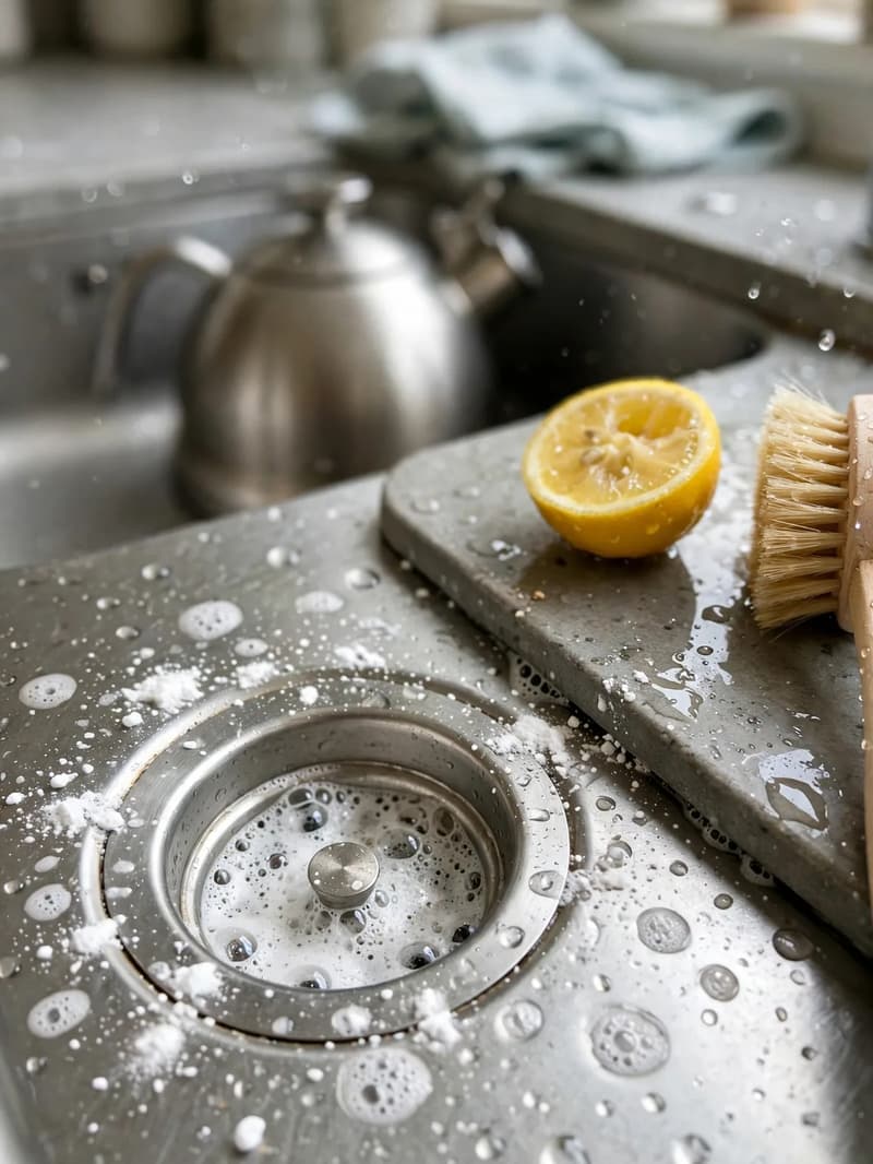 A stainless kitchen sink drain fizzing with baking soda foam, a halved lemon and a scrub brush beside it on the draining board