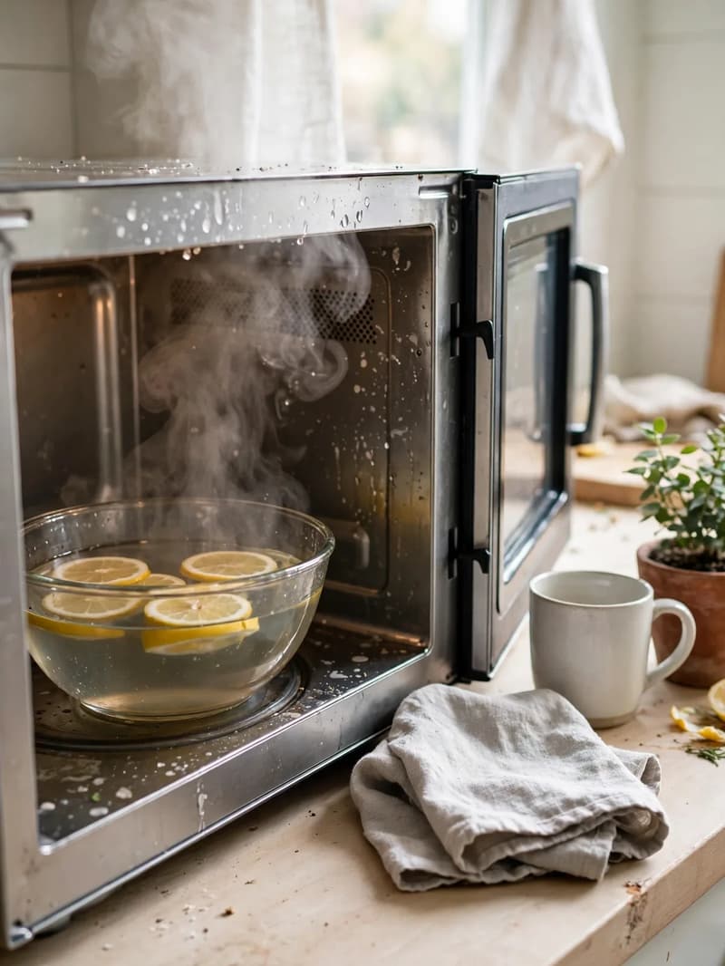 An open microwave steaming with a glass bowl of lemon water inside, a folded cloth waiting on the wooden counter beside it