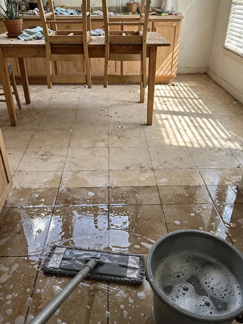 A flat mop and a bucket of soapy water on a sunlit tiled kitchen floor, chairs up on the table ready for mopping