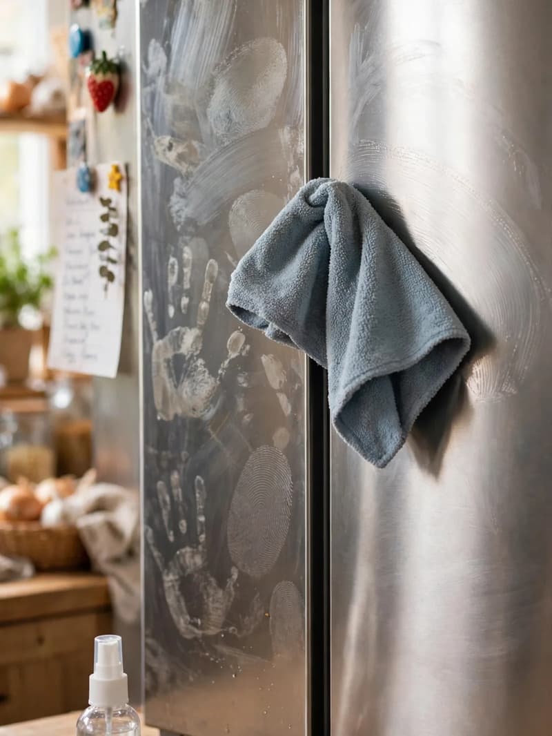A stainless fridge door with fingerprints on one side and a polished shine on the other, a microfibre cloth and small spray bottle nearby