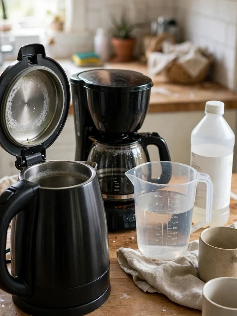 An open electric kettle with limescale inside, beside a measuring jug of water and a plain bottle of vinegar on a wooden counter