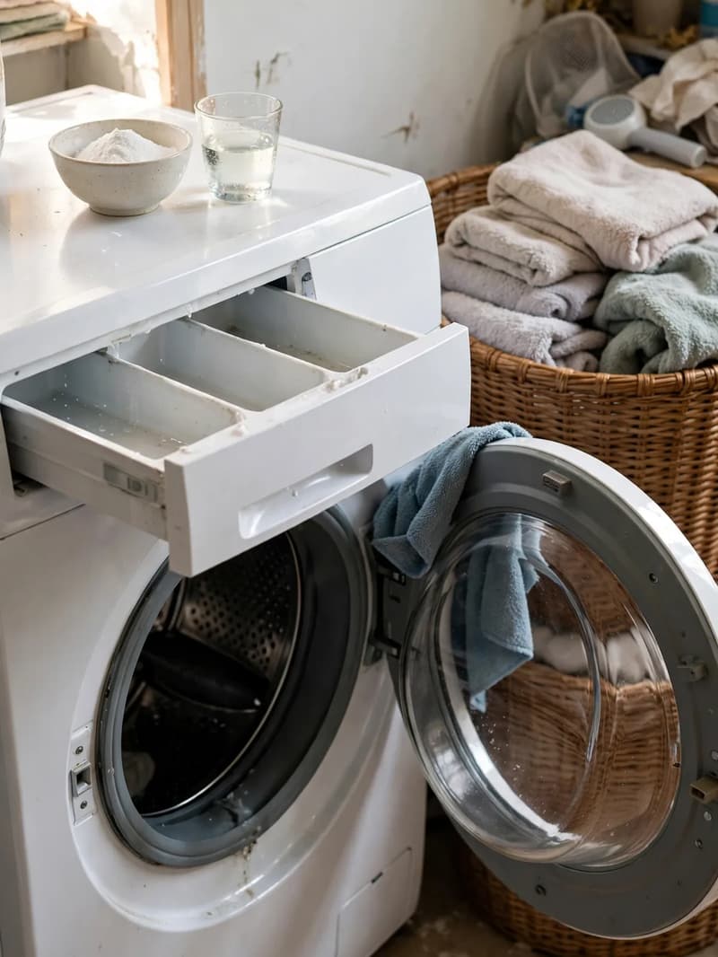 An open front-load washing machine with the detergent drawer pulled out, a bowl of baking soda and a glass of vinegar on top, laundry basket beside it