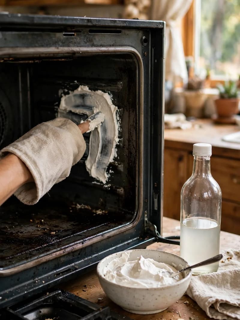 An open oven with white baking soda paste spread on the back wall, a bowl of paste and a plain vinegar bottle on the counter beside it