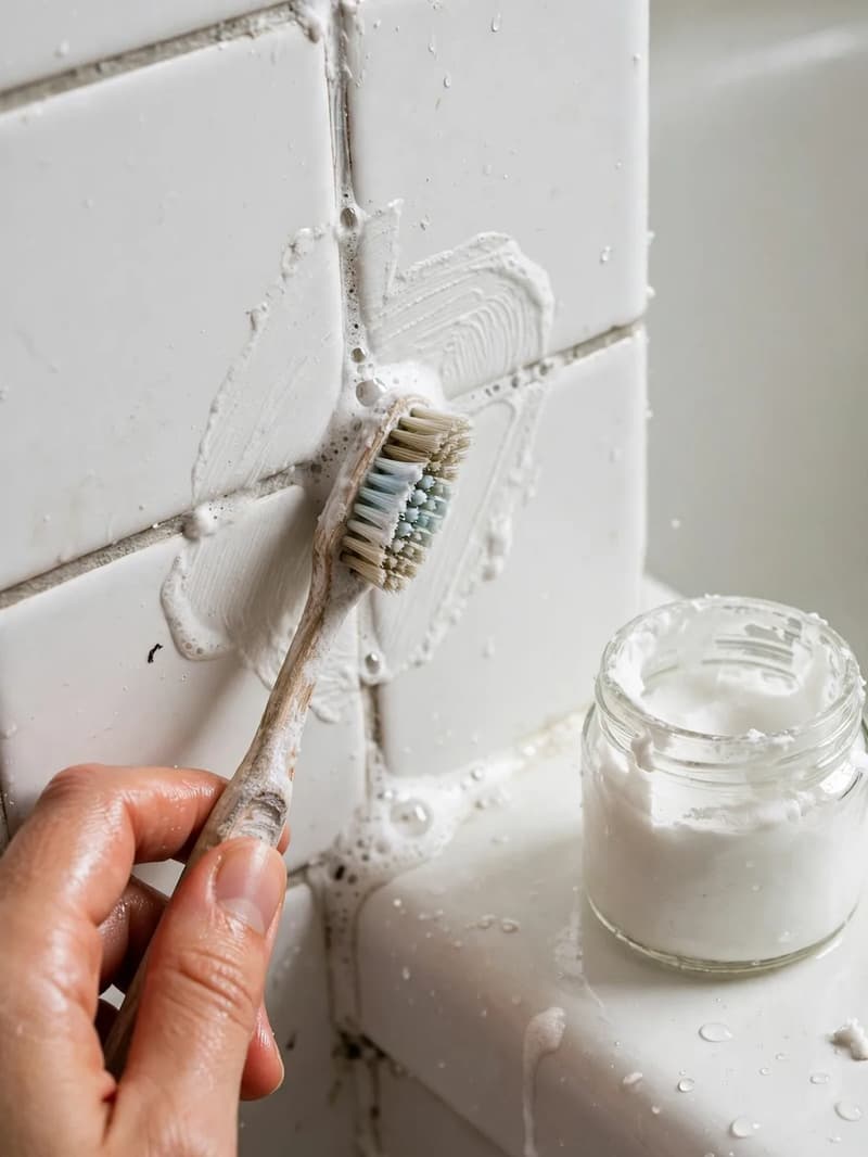 A hand scrubbing white tile grout with an old toothbrush and white paste, a small open jar of paste on the tub edge
