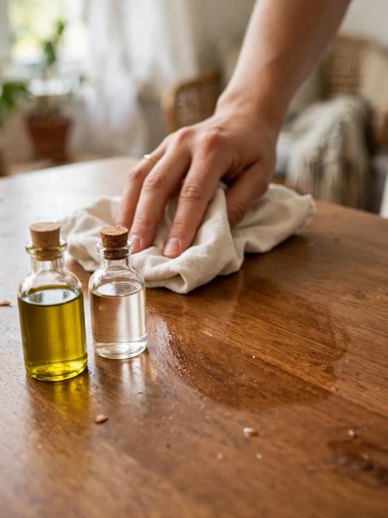 A hand buffing a wooden table with a cotton cloth, small corked bottles of olive oil and clear vinegar beside the polished wood grain