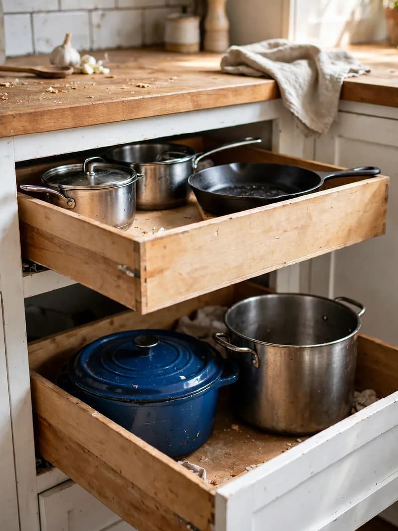 Open deep pull-out drawers inside a kitchen base cabinet holding a Dutch oven, stockpot and saucepans in bright daylight