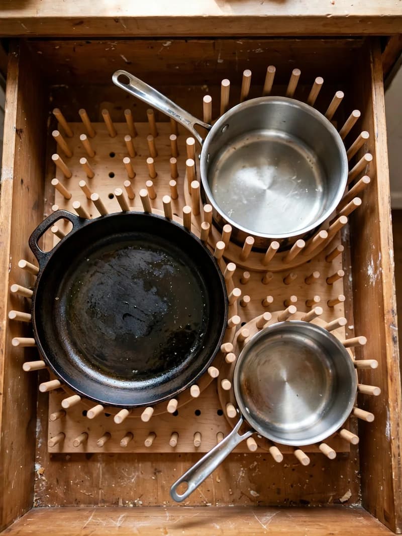 A deep kitchen drawer with an adjustable wooden peg system holding pots and pans neatly separated