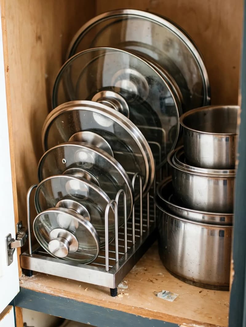 Pot lids filed upright in a vertical metal rack inside a kitchen cabinet, sorted by size