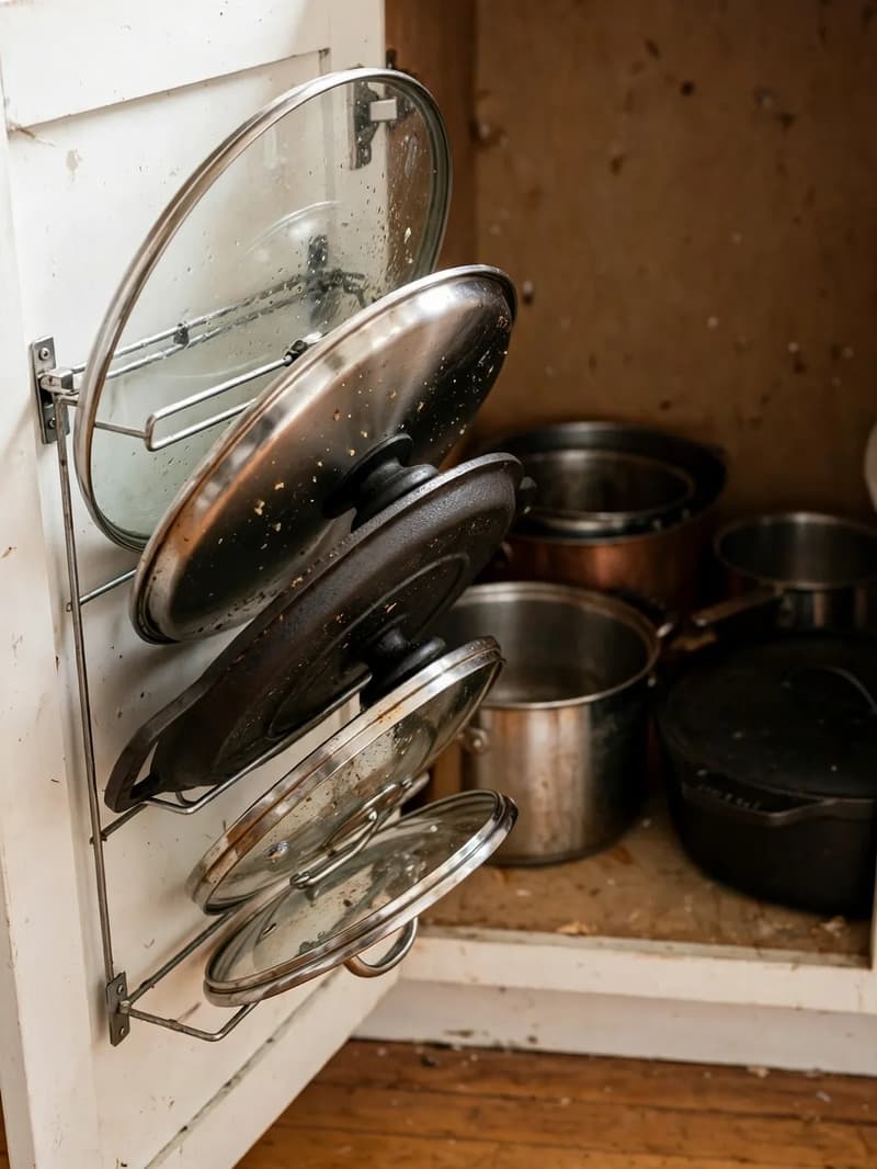Pot lids mounted in a rack on the inside of an open kitchen cabinet door