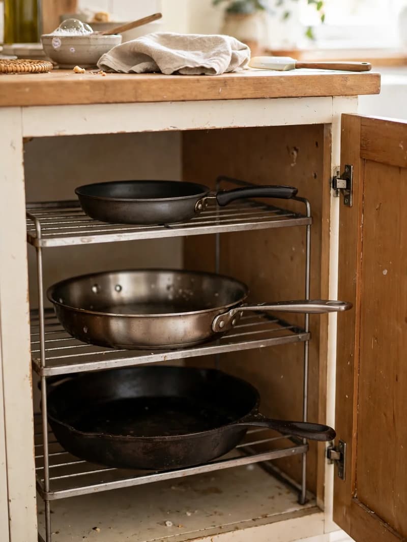 Skillets resting on separate levels of a horizontal tiered pan rack inside a kitchen cabinet