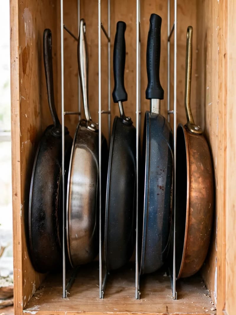 Frying pans filed upright on their sides between vertical dividers in a kitchen cabinet
