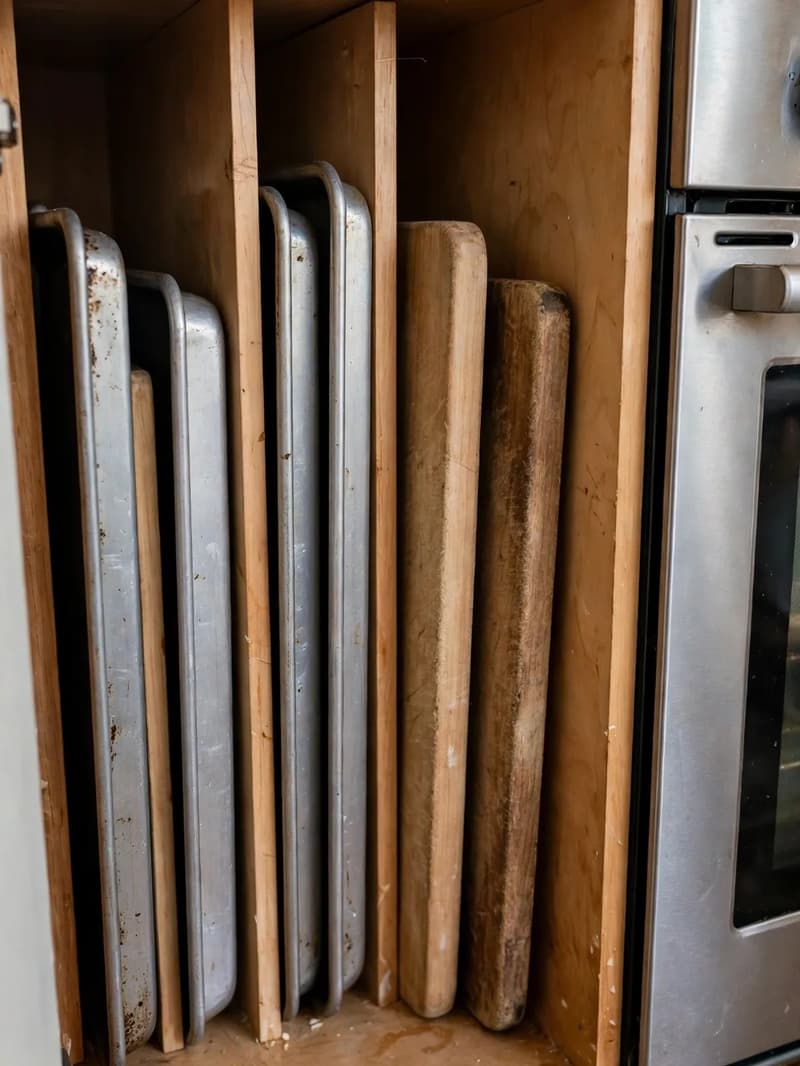 Sheet pans, baking trays and wooden cutting boards stored upright between dividers in a tall kitchen cabinet