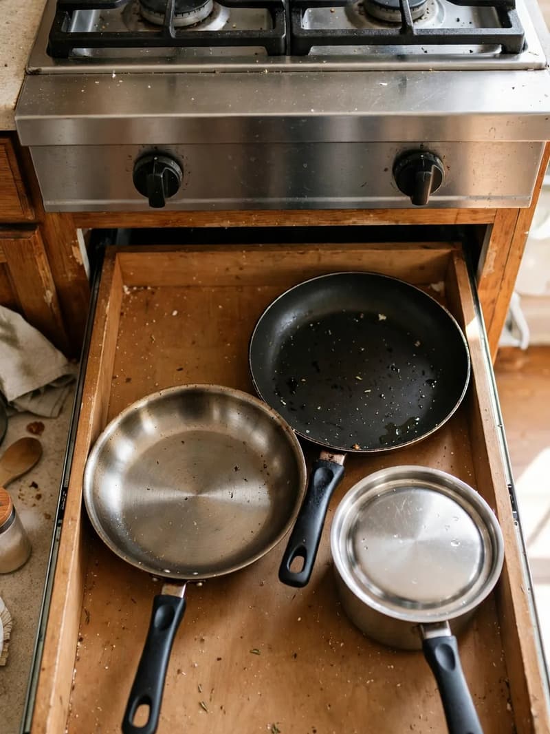 A roll-out shelf pulled out from the cabinet under a cooktop, holding everyday frying pans and saucepans