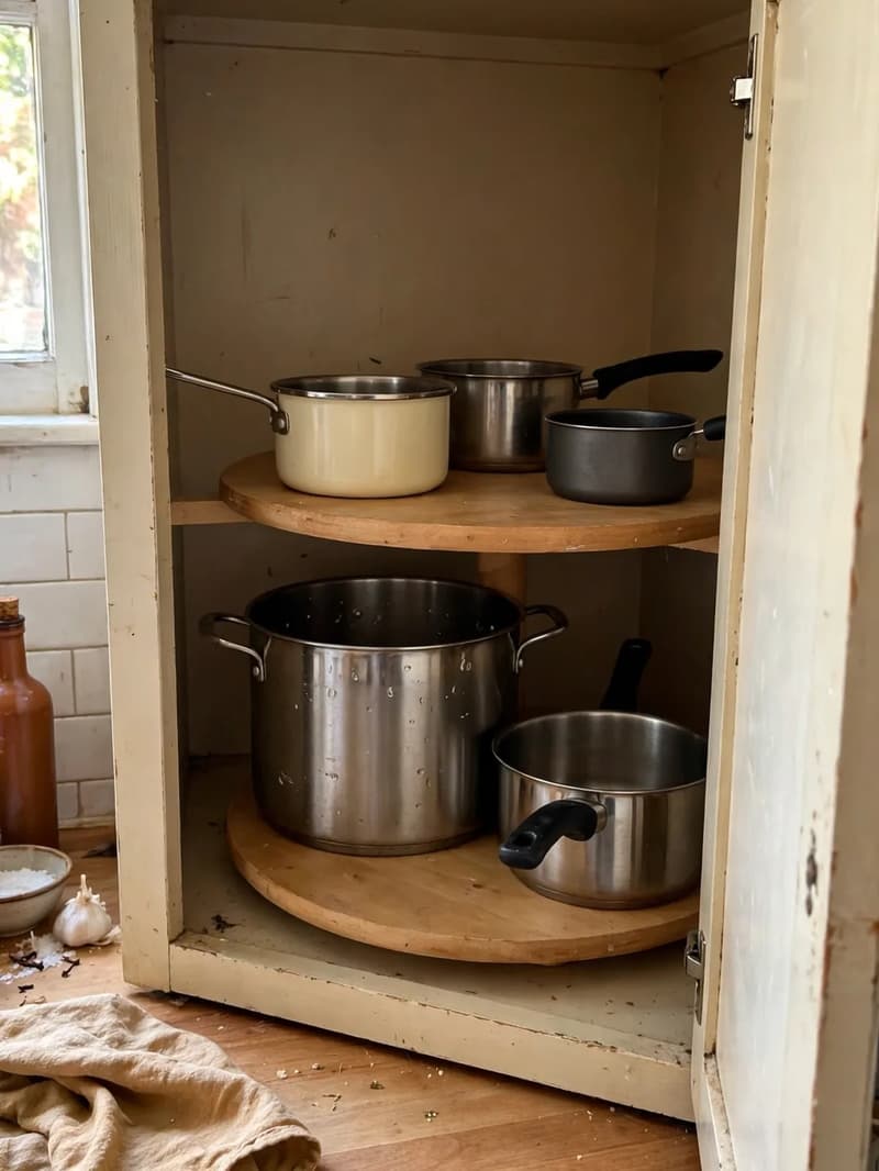 A two-tier lazy susan inside an open corner kitchen cabinet loaded with pots and saucepans