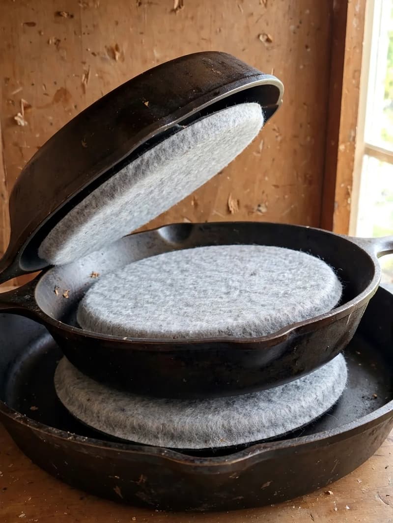 Nested skillets stacked with soft felt pan protectors between each pan inside a kitchen cabinet