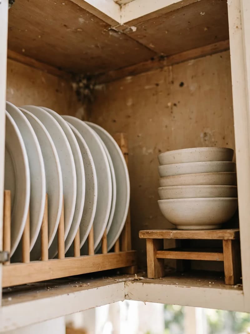 Dinner plates filed upright in a plate rack with bowls stacked on a shelf riser in a kitchen cabinet