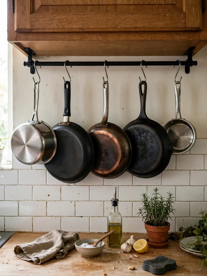 Pans and saucepans hanging from S-hooks on a wall rail under an upper kitchen cabinet