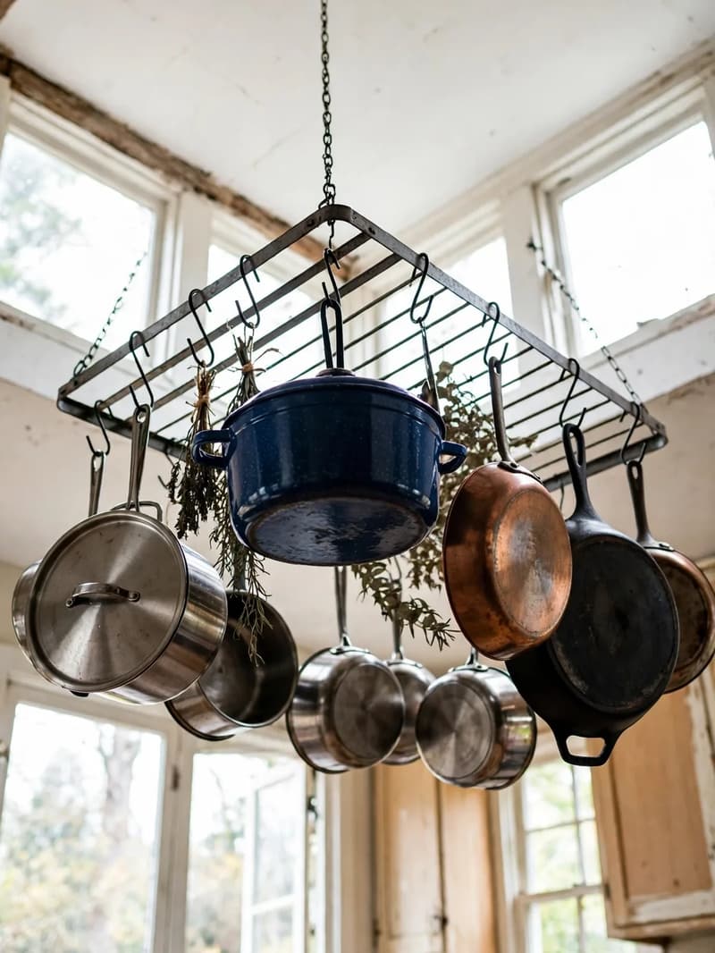 An overhead pot rack over a kitchen island with stockpots, skillets and saucepans hanging from hooks