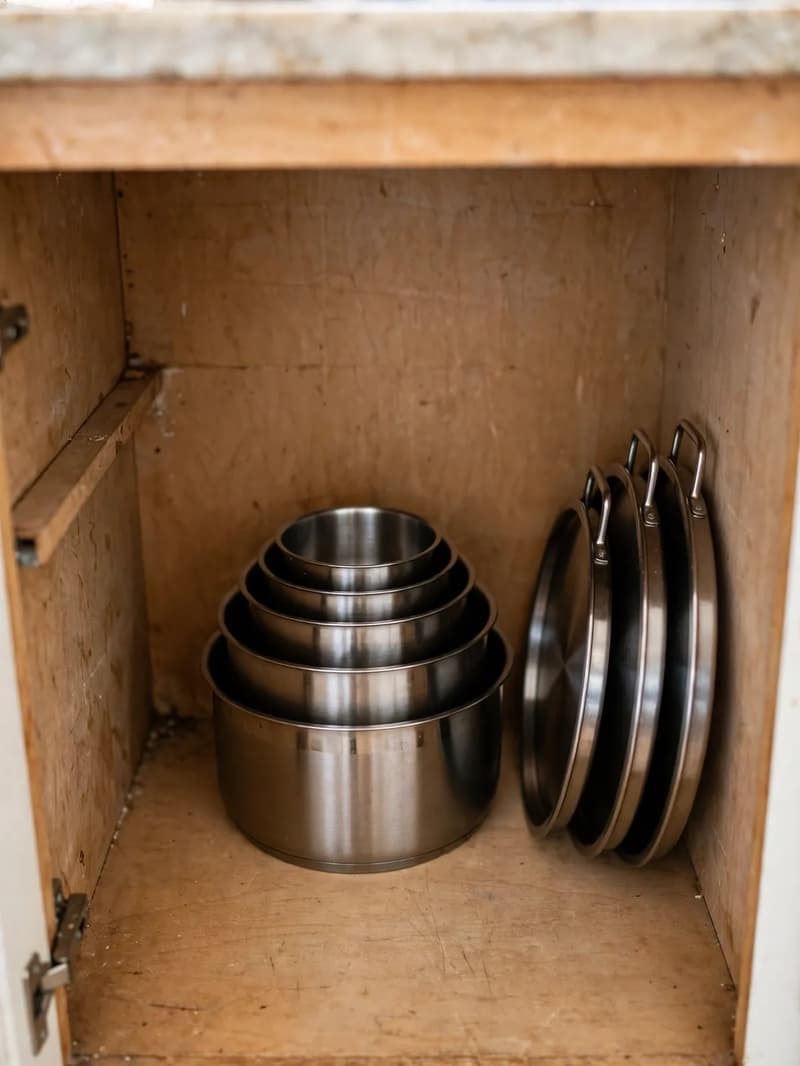 A neat nesting set of pots stacked inside each other in a small kitchen cabinet with flat lids beside them