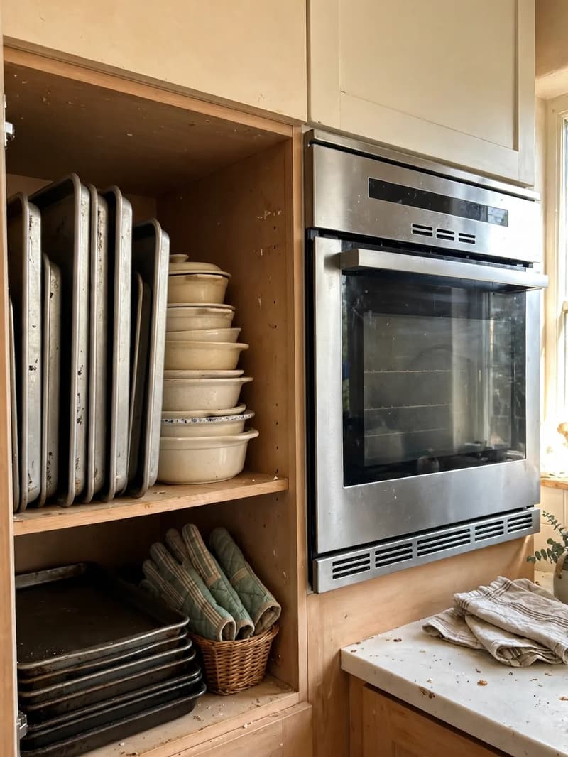 A baking zone cabinet near an oven with upright sheet pans, stacked casserole dishes and roasting trays