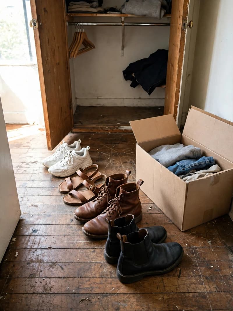 Pairs of shoes lined up on a worn wooden floor in front of an open small closet, with a cardboard donation box beside them