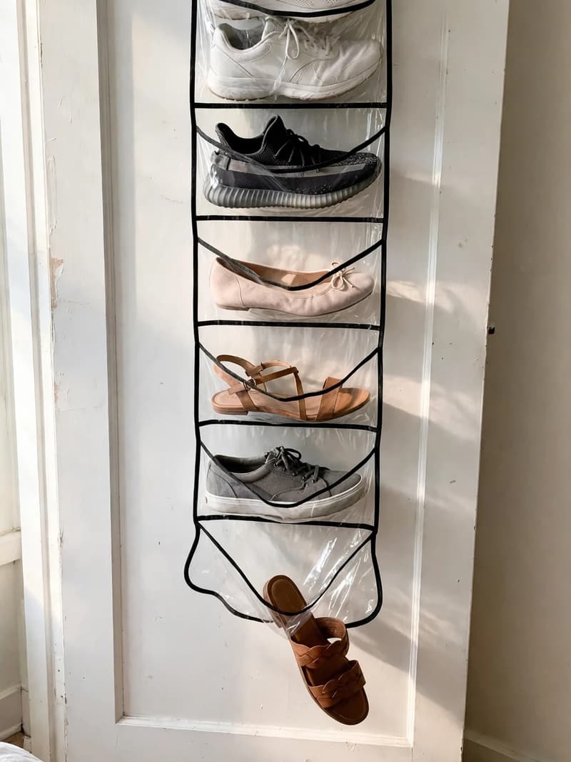 A clear-pocket over-the-door shoe organizer on a white closet door holding sneakers, flats and sandals in its pockets