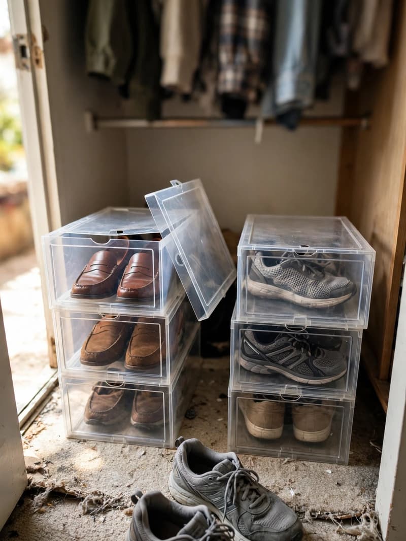 Two stacks of clear plastic shoe boxes on a closet floor holding loafers and sneakers, with one lid open and trainers sitting out front