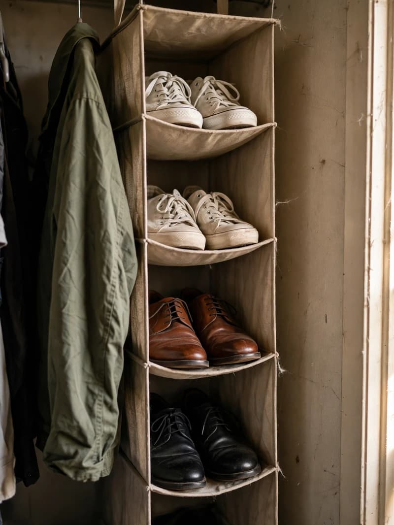 A fabric hanging shelf organizer suspended from a closet rod with sneakers and dress shoes in its cubbies beside a hanging jacket