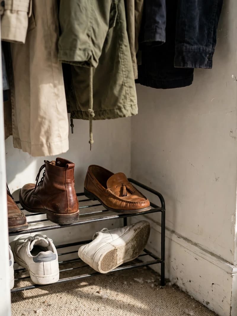 A low two-tier metal shoe rack on a closet floor under hanging coats holding boots, loafers and white sneakers