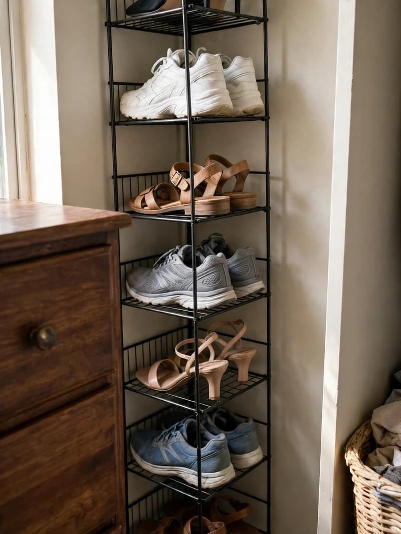 A tall narrow black wire shoe tower squeezed between a wooden dresser and a wall holding heels, trainers and sandals on seven shelves