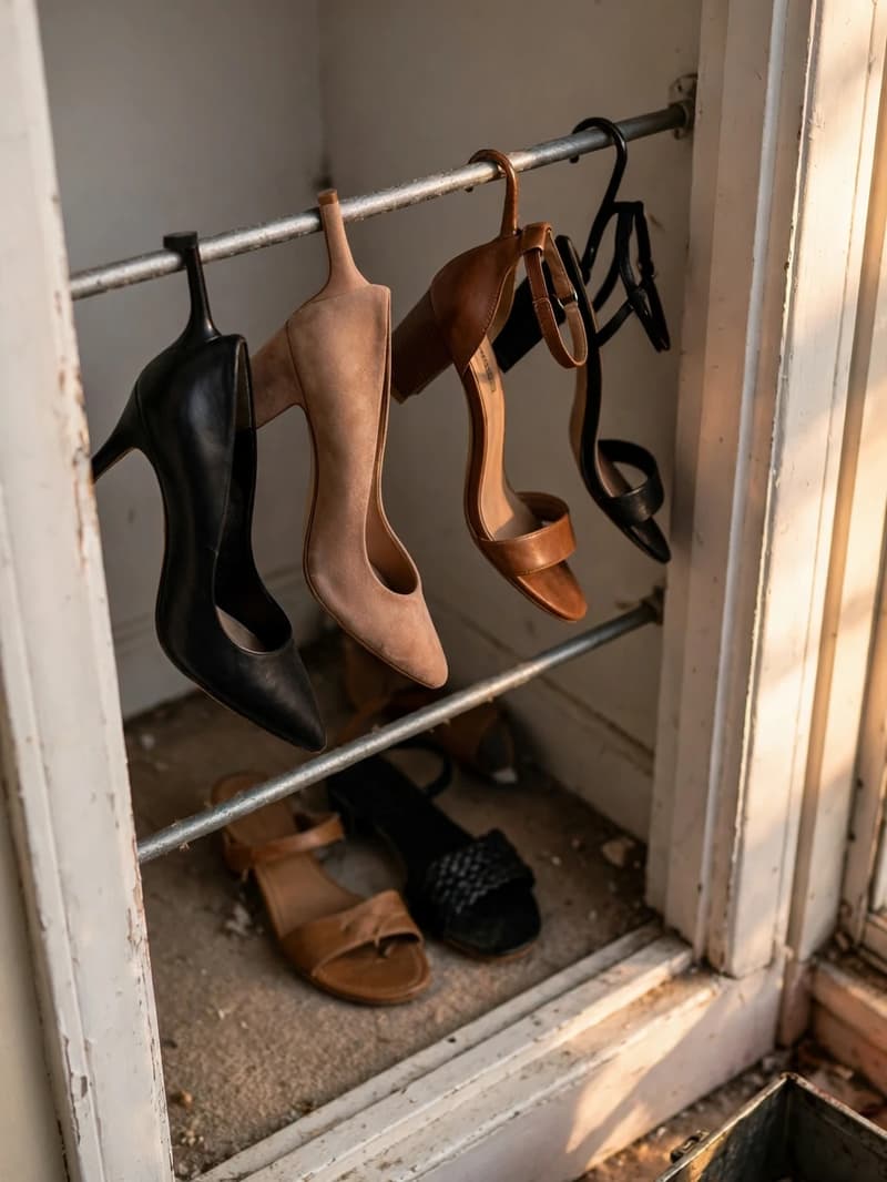 Heeled shoes hooked over horizontal tension rods inside a small closet nook with flat sandals tucked on the floor below