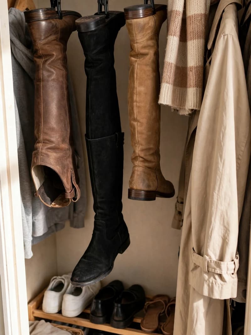 Tall leather boots hanging upside down from clip hangers on a wooden closet rod above a low shoe rack