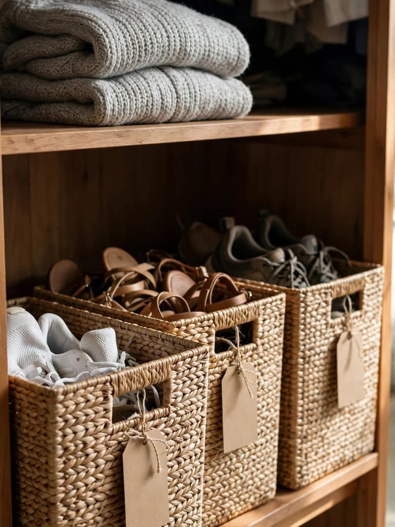 Three woven storage bins with blank paper tags on a closet shelf holding trainers, sandals and sneakers, with folded sweaters above