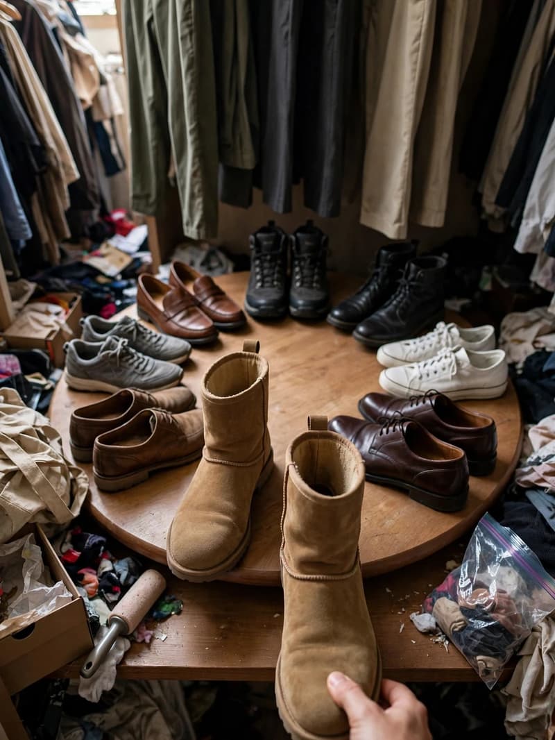 Shoes arranged in a circle on a large round turntable in a deep closet with a hand pulling a boot toward the front